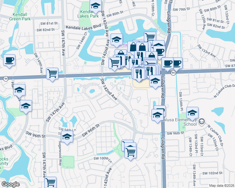 map of restaurants, bars, coffee shops, grocery stores, and more near 9041 Southwest 142nd Avenue in Miami