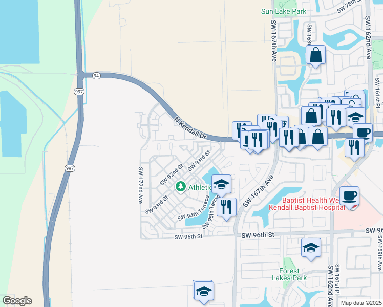 map of restaurants, bars, coffee shops, grocery stores, and more near 16953 Southwest 92nd Street in Miami