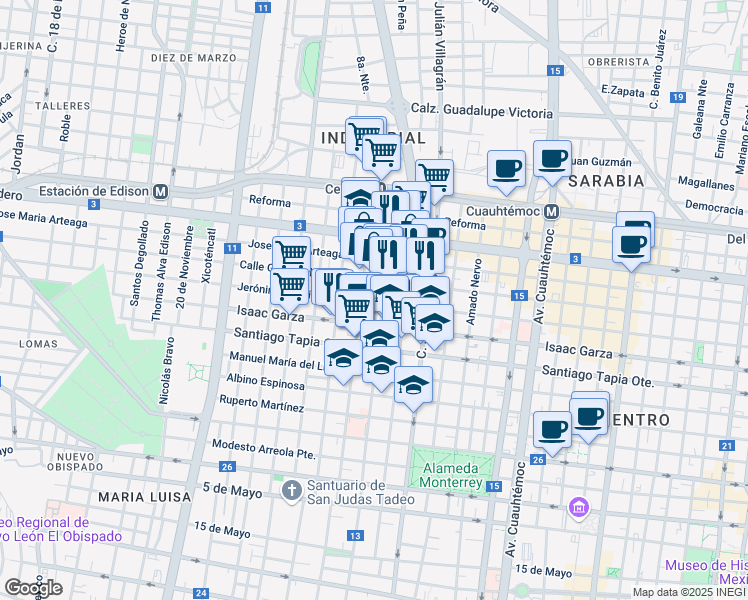 map of restaurants, bars, coffee shops, grocery stores, and more near 1221 Jerónimo Treviño in Monterrey