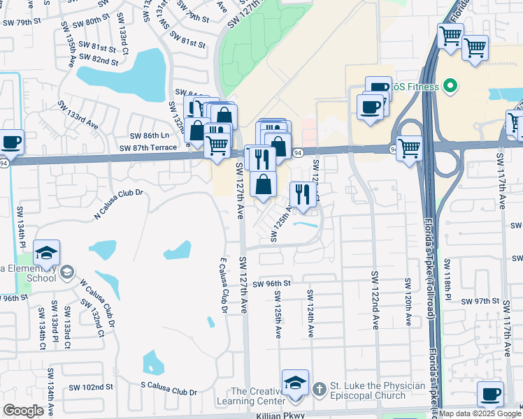 map of restaurants, bars, coffee shops, grocery stores, and more near 12625 Southwest 91st Street in Miami
