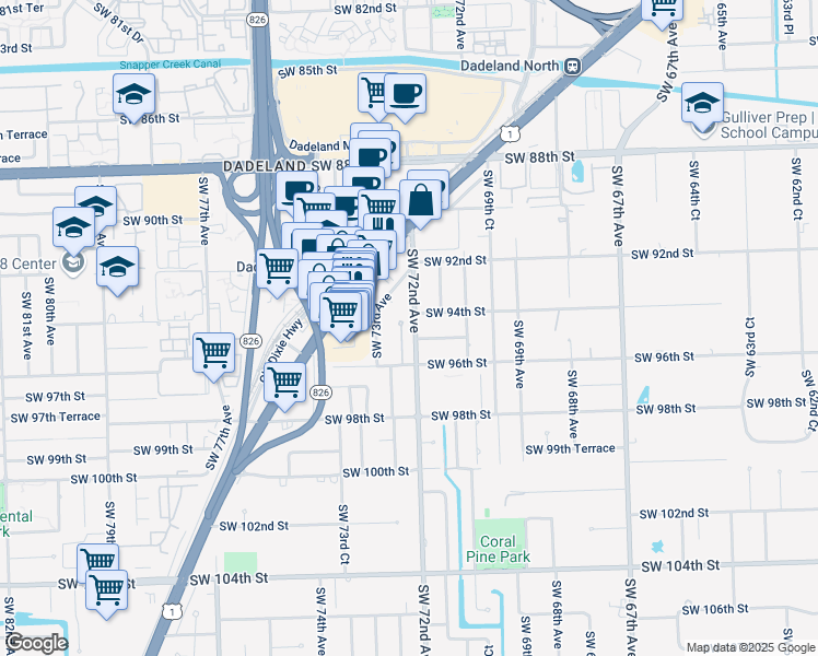 map of restaurants, bars, coffee shops, grocery stores, and more near 9430 Southwest 72nd Avenue in Miami
