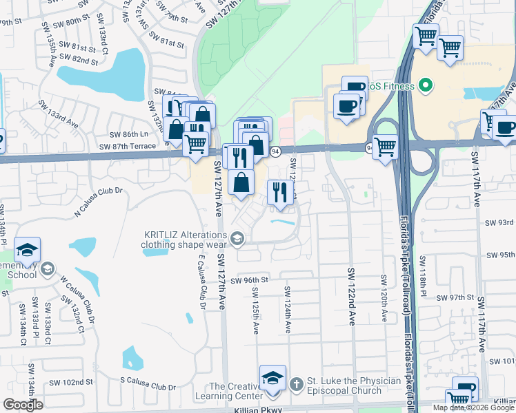 map of restaurants, bars, coffee shops, grocery stores, and more near 12625 Southwest 91st Street in Miami