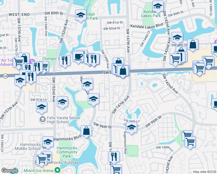 map of restaurants, bars, coffee shops, grocery stores, and more near 14914 Southwest 89th Lane in Miami