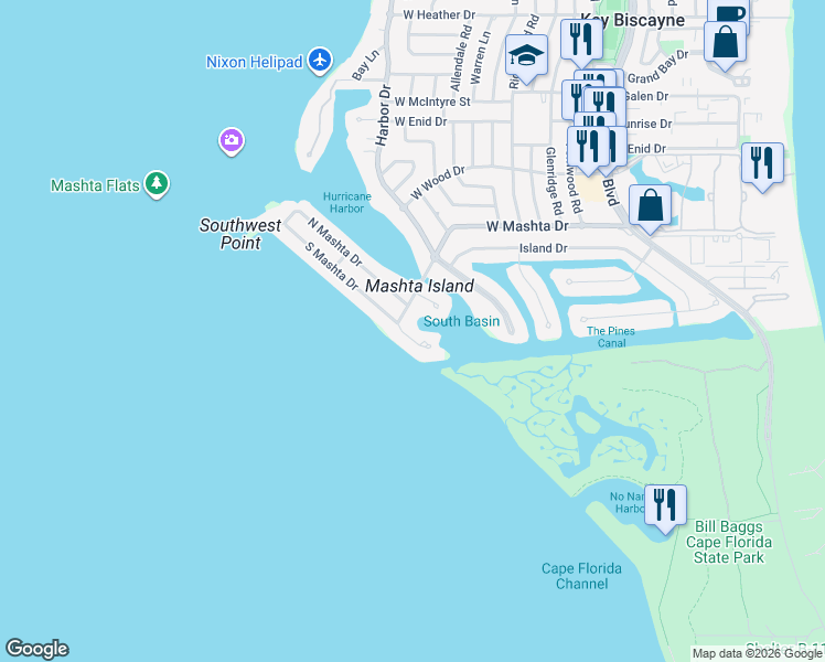 map of restaurants, bars, coffee shops, grocery stores, and more near 500 South Mashta Drive in Key Biscayne