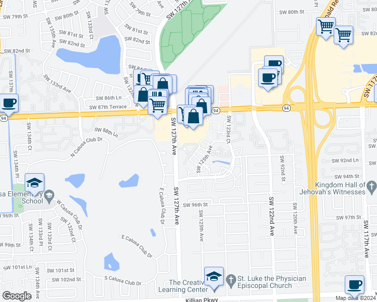 map of restaurants, bars, coffee shops, grocery stores, and more near 12615 Southwest 91st Street in Miami