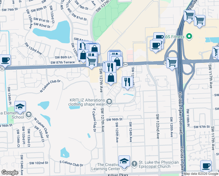 map of restaurants, bars, coffee shops, grocery stores, and more near 12615 Southwest 91st Street in Miami