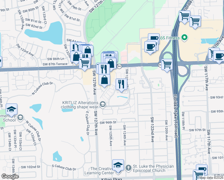 map of restaurants, bars, coffee shops, grocery stores, and more near 9020 Southwest 125th Avenue in Miami