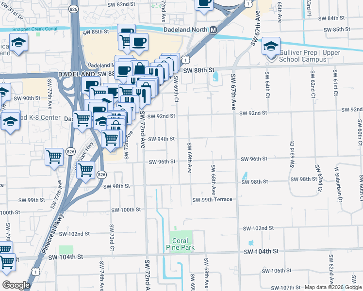 map of restaurants, bars, coffee shops, grocery stores, and more near 9433 Southwest 69th Avenue in Miami