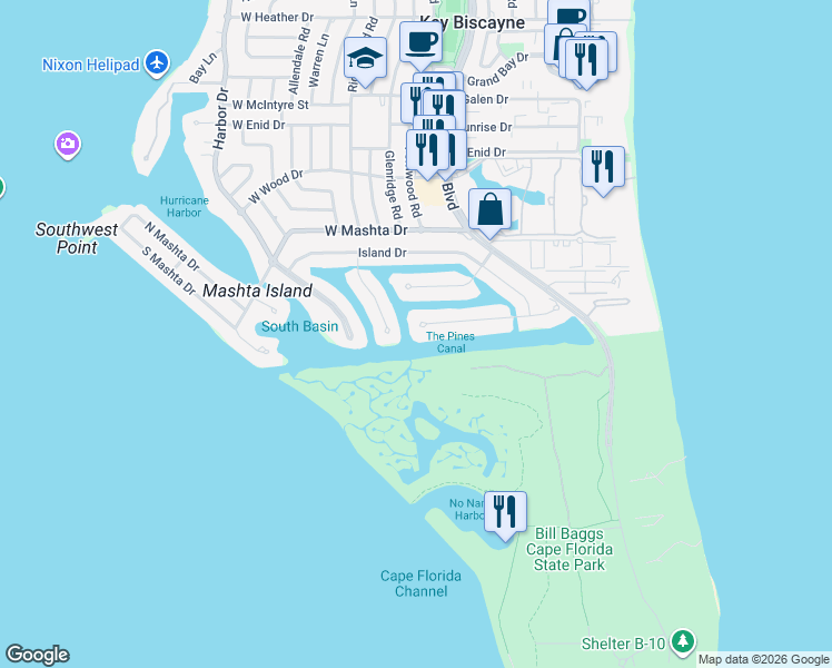 map of restaurants, bars, coffee shops, grocery stores, and more near 250 Cape Florida Drive in Key Biscayne