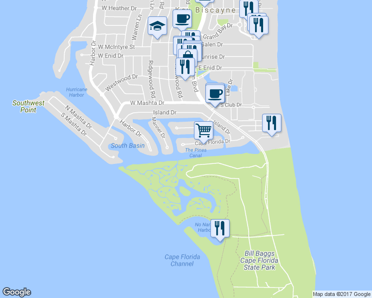 map of restaurants, bars, coffee shops, grocery stores, and more near 250 Cape Florida Drive in Key Biscayne