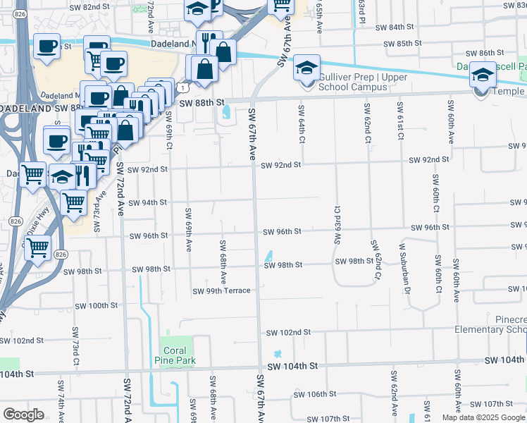 map of restaurants, bars, coffee shops, grocery stores, and more near 9451 Southwest 67th Avenue in Pinecrest