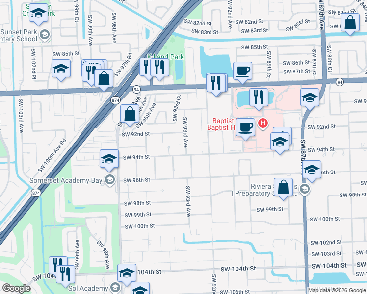 map of restaurants, bars, coffee shops, grocery stores, and more near 9310 Southwest 93rd Avenue in Miami