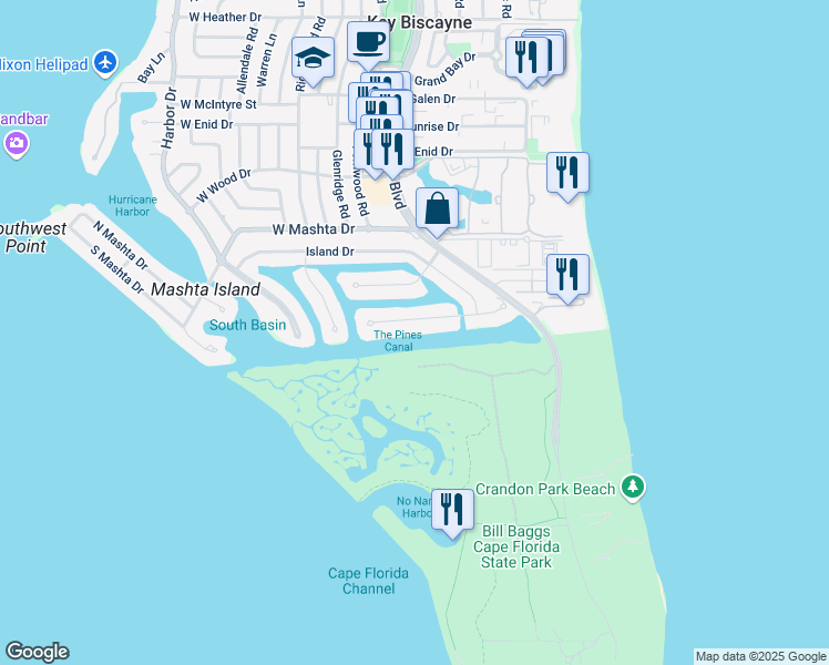map of restaurants, bars, coffee shops, grocery stores, and more near 150 Cape Florida Drive in Key Biscayne