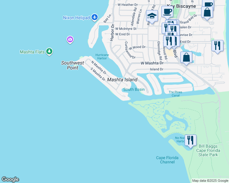 map of restaurants, bars, coffee shops, grocery stores, and more near 500 South Mashta Drive in Key Biscayne