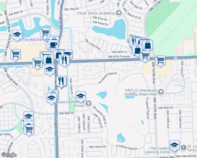 map of restaurants, bars, coffee shops, grocery stores, and more near 9059 Southwest 133rd Court in Miami