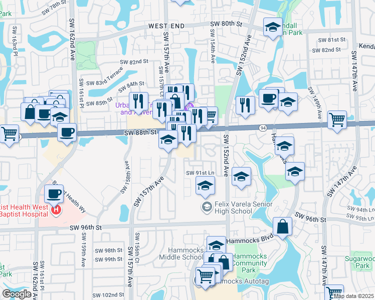map of restaurants, bars, coffee shops, grocery stores, and more near 15500 Southwest 88th Street in Miami