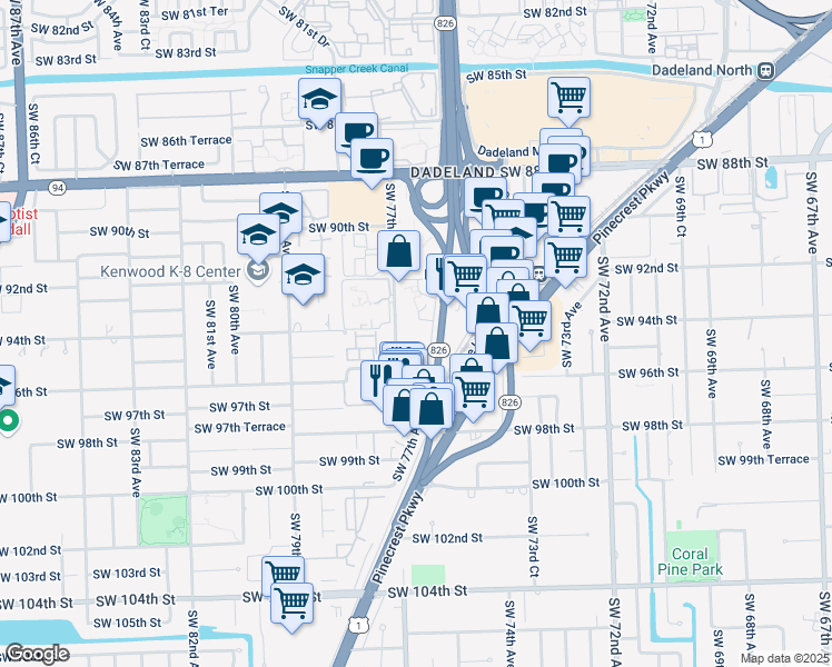 map of restaurants, bars, coffee shops, grocery stores, and more near 9400 Southwest 77th Avenue in Miami