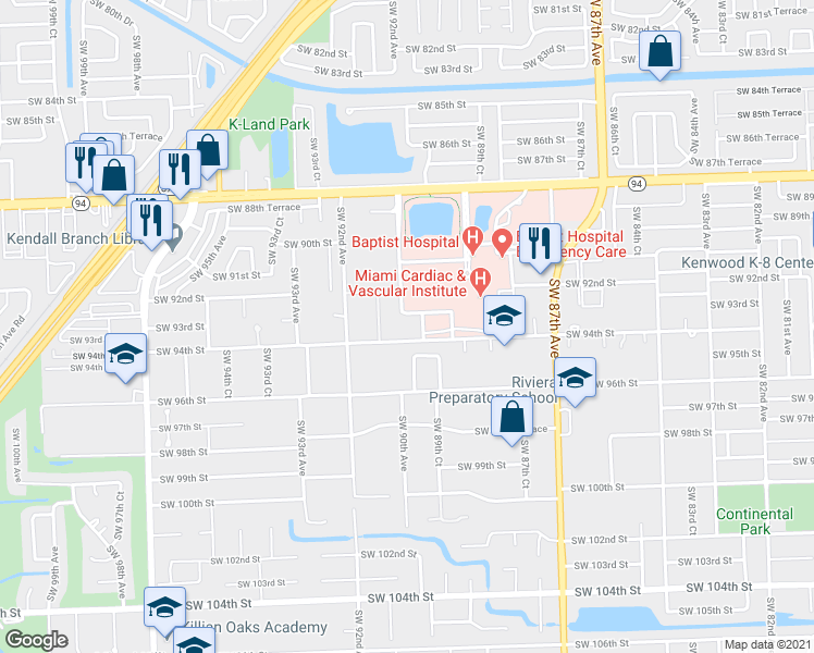 map of restaurants, bars, coffee shops, grocery stores, and more near 9001 Southwest 94th Street in Miami