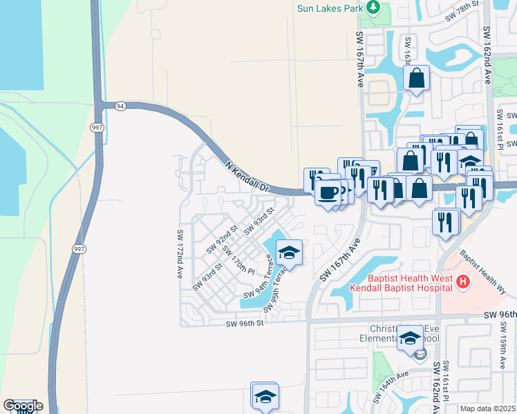 map of restaurants, bars, coffee shops, grocery stores, and more near 16953 Southwest 92nd Street in Miami