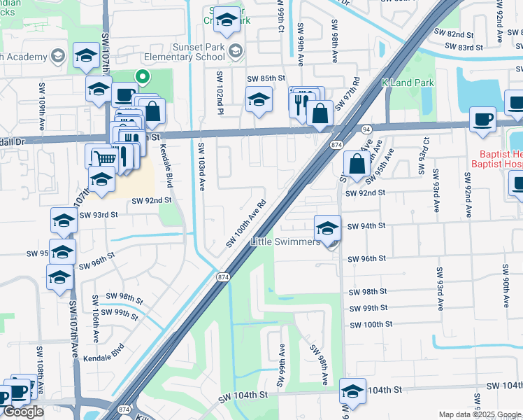 map of restaurants, bars, coffee shops, grocery stores, and more near 9231 Southwest 100th Avenue Road in Miami