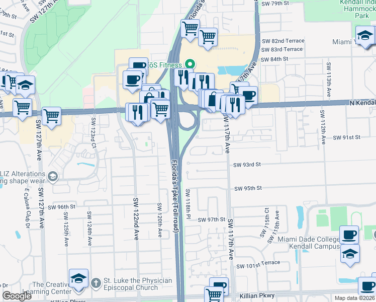 map of restaurants, bars, coffee shops, grocery stores, and more near 9138 Southwest 118th Court in Miami