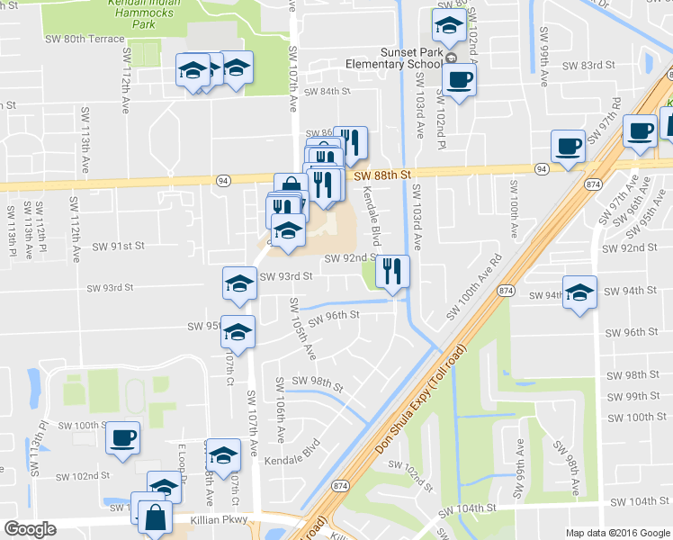 map of restaurants, bars, coffee shops, grocery stores, and more near 10411 Southwest 93rd Street in Miami