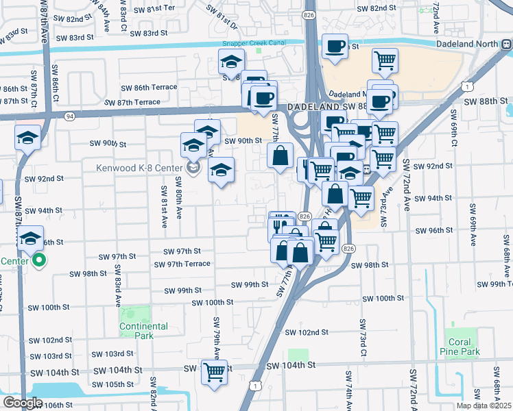 map of restaurants, bars, coffee shops, grocery stores, and more near 7771 Southwest 94th Terrace in Miami