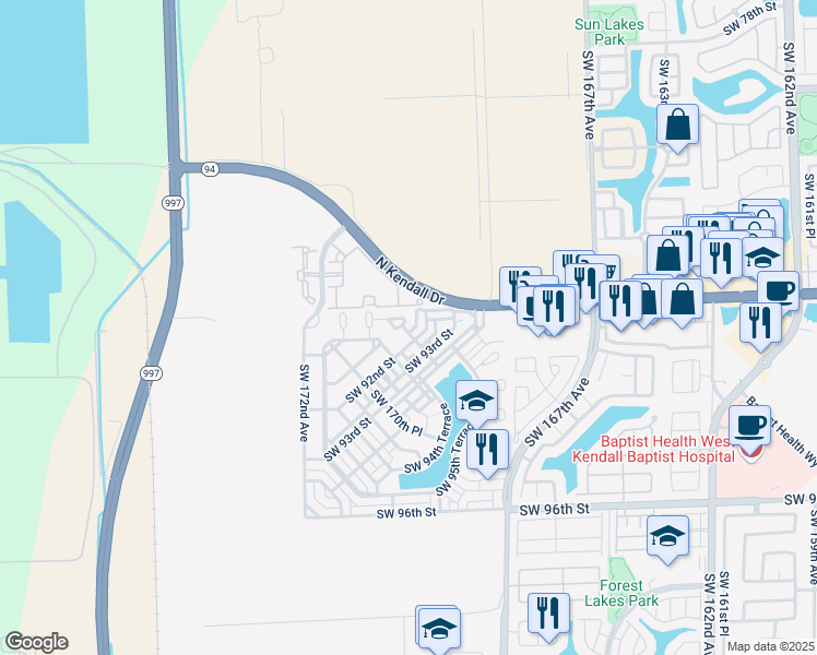 map of restaurants, bars, coffee shops, grocery stores, and more near 16953 Southwest 92nd Street in Miami