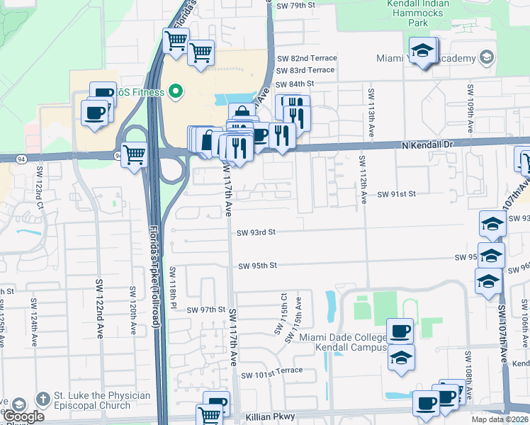map of restaurants, bars, coffee shops, grocery stores, and more near 11560 Southwest 92nd Street in Miami