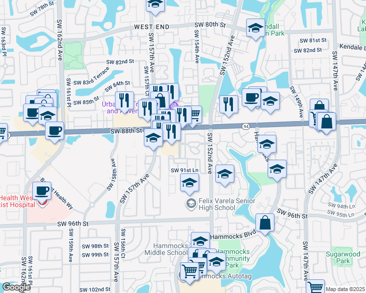 map of restaurants, bars, coffee shops, grocery stores, and more near 8954 Southwest 153rd Court in Miami