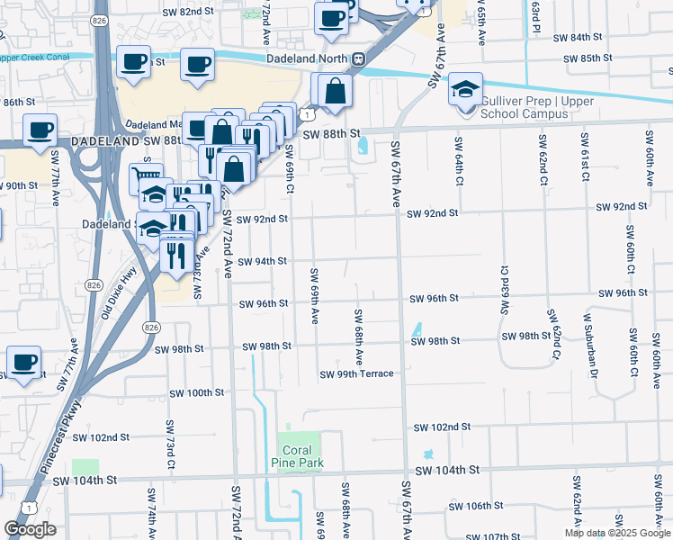map of restaurants, bars, coffee shops, grocery stores, and more near 9402 Southwest 68th Court in Miami