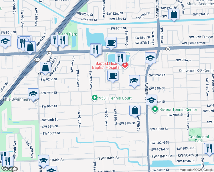 map of restaurants, bars, coffee shops, grocery stores, and more near 9001 Southwest 94th Street in Miami