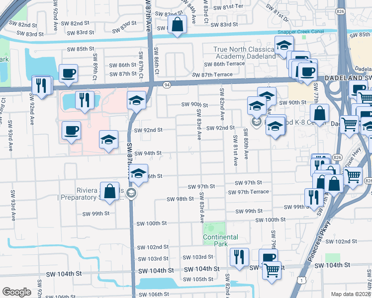map of restaurants, bars, coffee shops, grocery stores, and more near 9350 Southwest 83rd Court in Miami