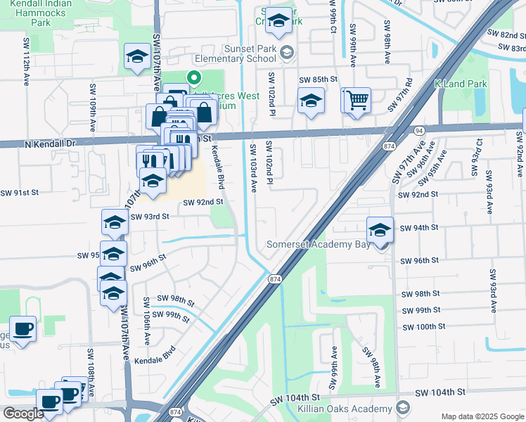 map of restaurants, bars, coffee shops, grocery stores, and more near 10280 Southwest 92nd Terrace in Miami