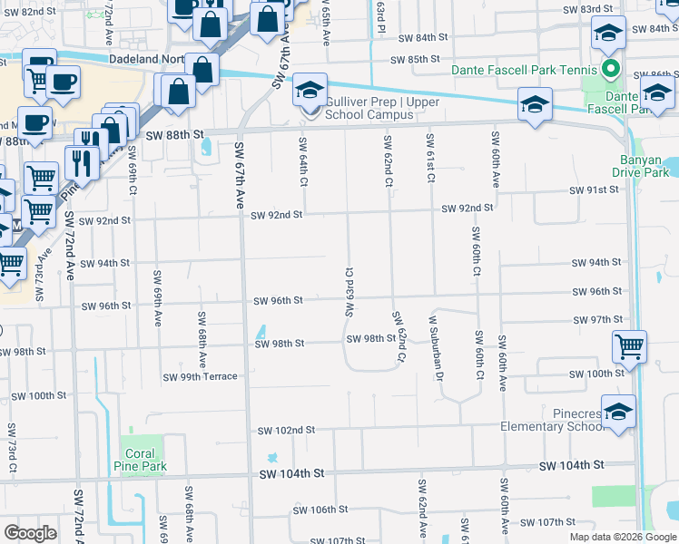 map of restaurants, bars, coffee shops, grocery stores, and more near 9400 Southwest 63rd Court in Miami