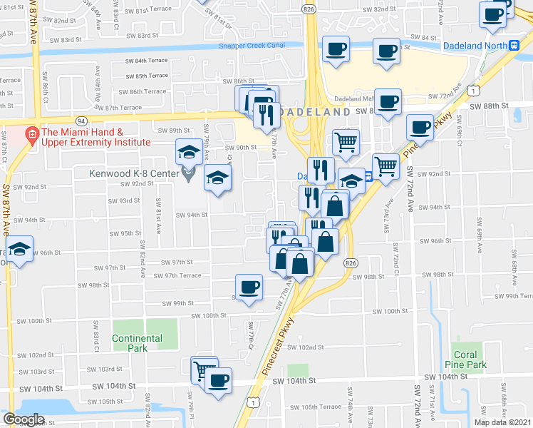 map of restaurants, bars, coffee shops, grocery stores, and more near 7771 Southwest 94th Terrace in Miami