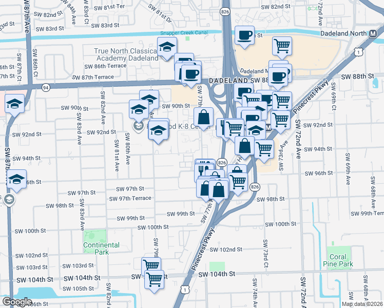 map of restaurants, bars, coffee shops, grocery stores, and more near 7771 Southwest 94th Terrace in Miami