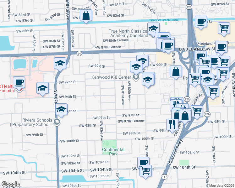 map of restaurants, bars, coffee shops, grocery stores, and more near 9380 Southwest 81st Avenue in Miami