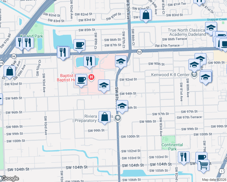 map of restaurants, bars, coffee shops, grocery stores, and more near 9360 Southwest 87th Avenue in Miami