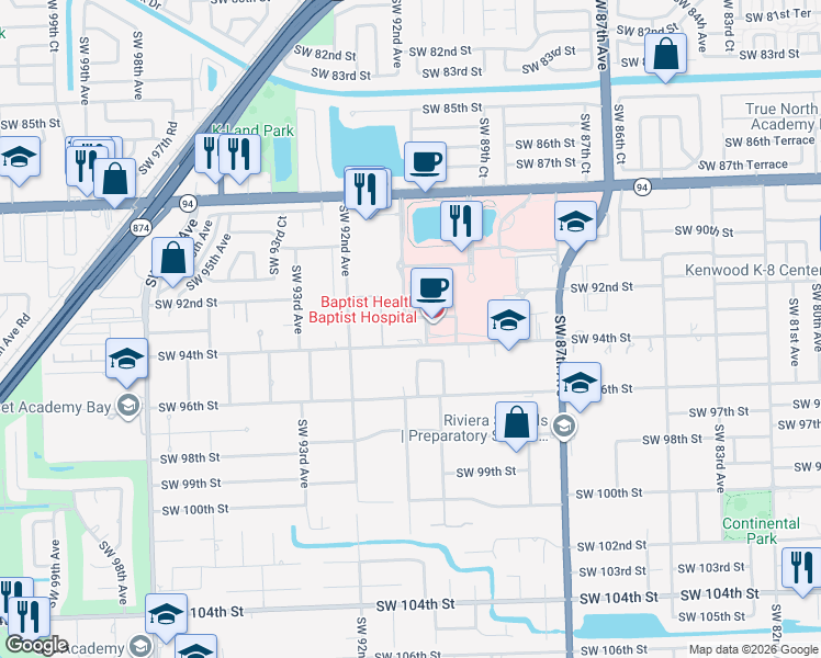 map of restaurants, bars, coffee shops, grocery stores, and more near 9001 Southwest 94th Street in Miami