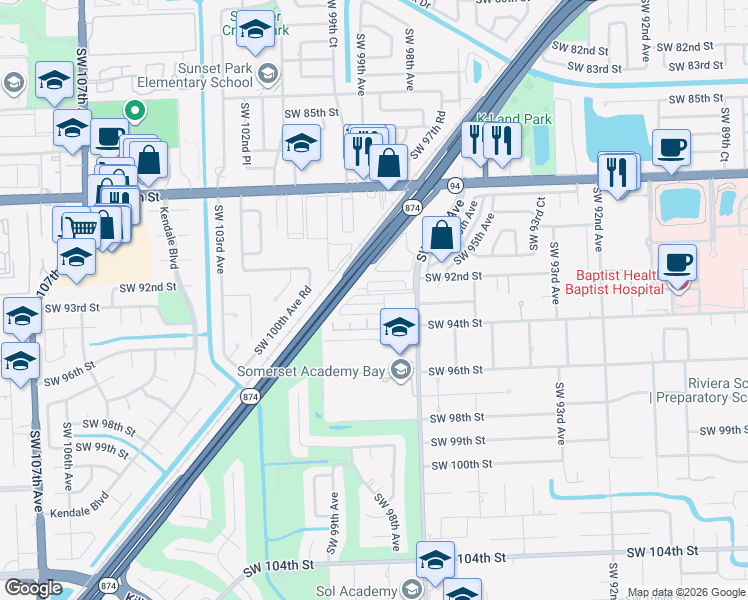 map of restaurants, bars, coffee shops, grocery stores, and more near 9776 Southwest 92nd Terrace in Miami