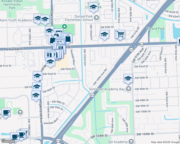 map of restaurants, bars, coffee shops, grocery stores, and more near 10275 Southwest 93rd Terrace in Miami