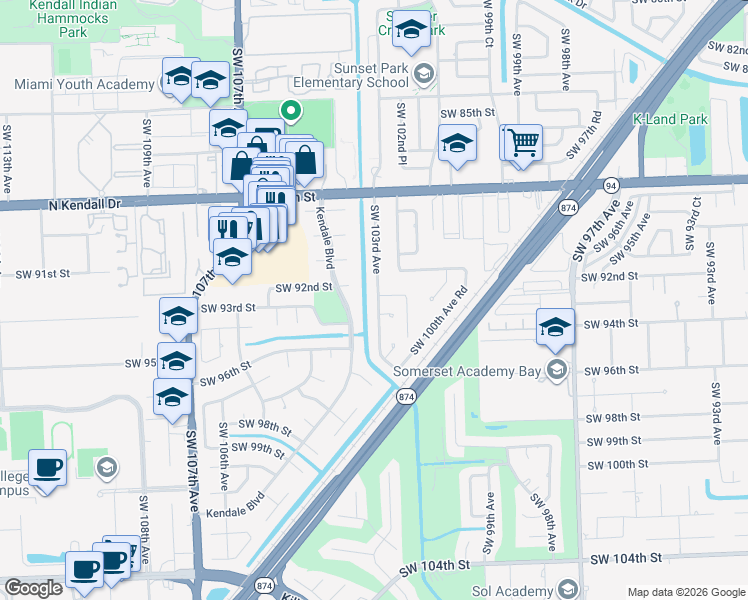 map of restaurants, bars, coffee shops, grocery stores, and more near 10280 Southwest 92nd Terrace in Miami