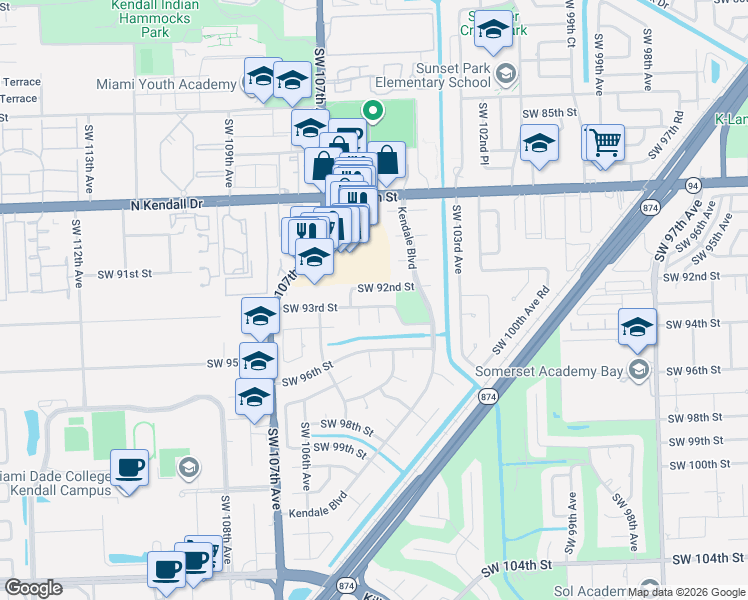 map of restaurants, bars, coffee shops, grocery stores, and more near 10411 Southwest 93rd Street in Miami