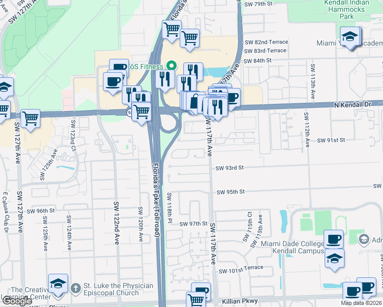 map of restaurants, bars, coffee shops, grocery stores, and more near 11771 Southwest 92nd Terrace in Miami