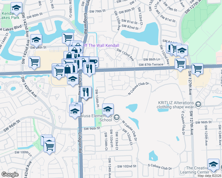 map of restaurants, bars, coffee shops, grocery stores, and more near 13391 Southwest 91st Terrace in Miami