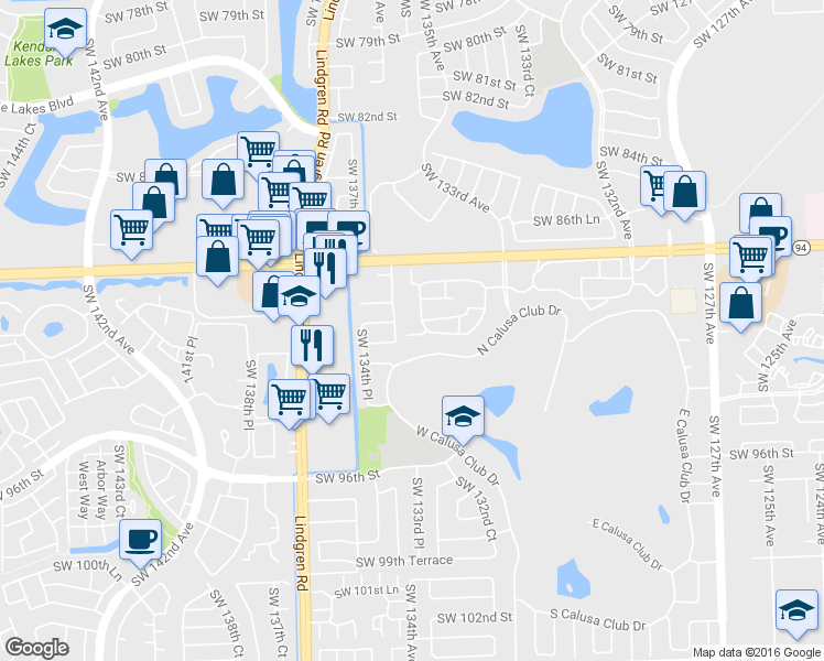 map of restaurants, bars, coffee shops, grocery stores, and more near 13391 Southwest 91st Terrace in Miami