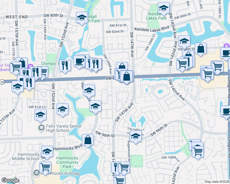 map of restaurants, bars, coffee shops, grocery stores, and more near 14914 Southwest 89th Lane in Miami