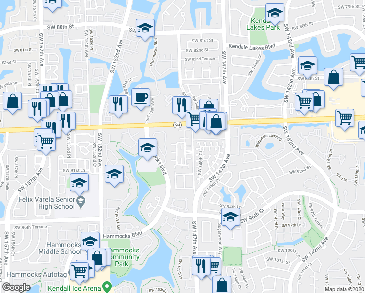 map of restaurants, bars, coffee shops, grocery stores, and more near 15012 Southwest 89th Terrace in Miami
