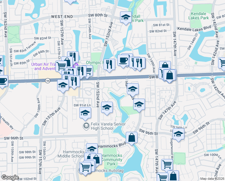 map of restaurants, bars, coffee shops, grocery stores, and more near 8902 Southwest 150th Place Circle in Miami